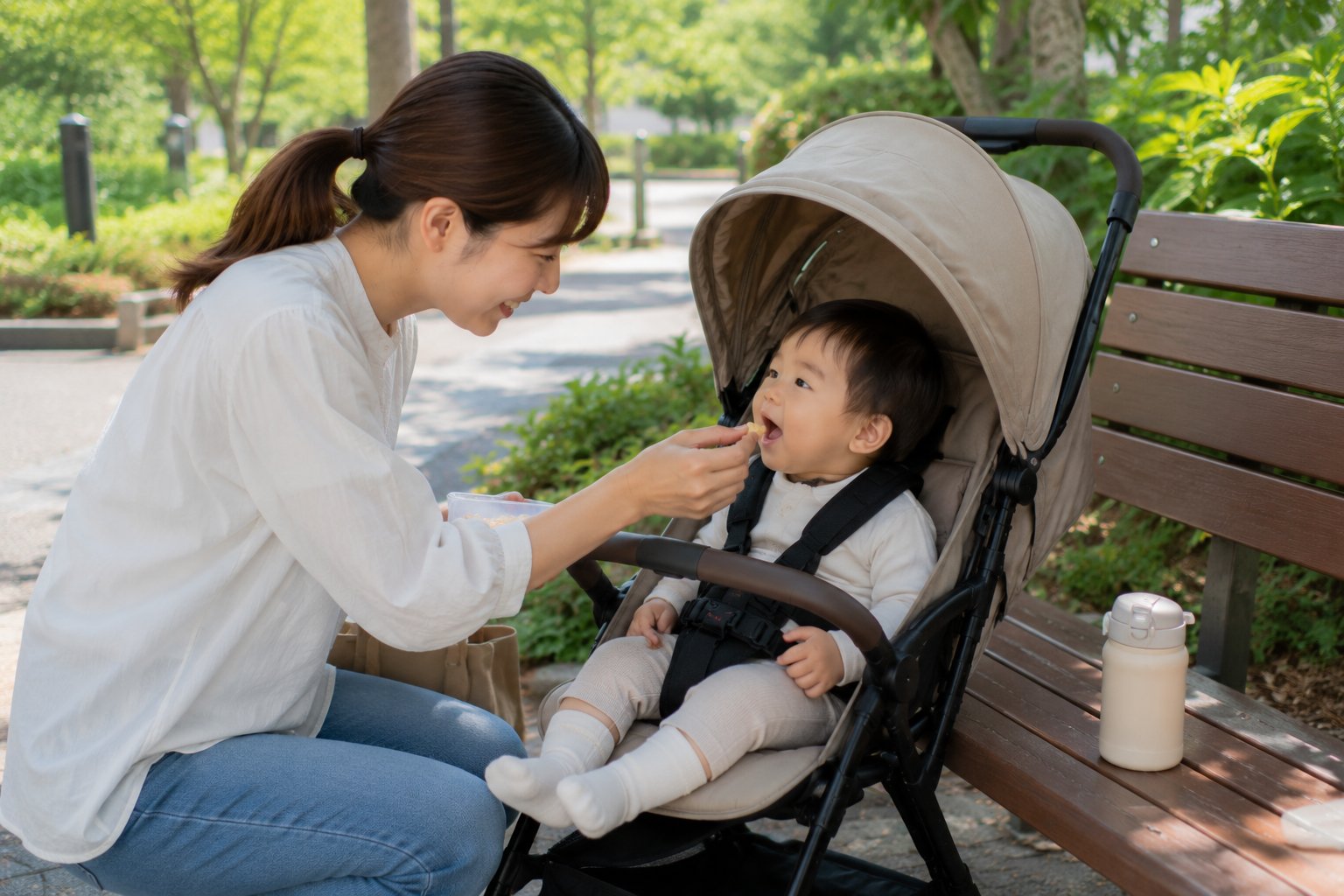 公園のベンチ横でベビーカーに座る幼児に母がおやつを食べさせる