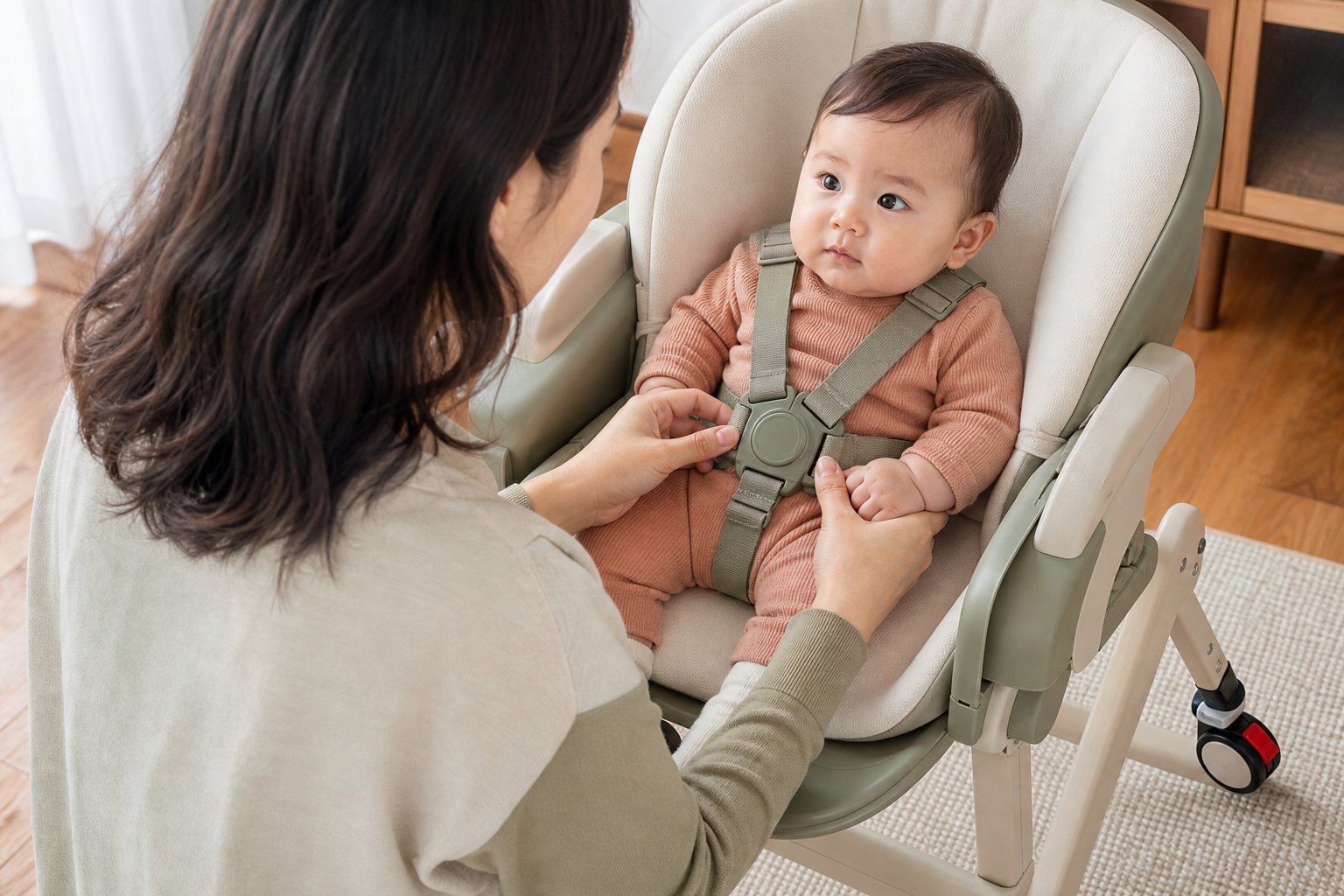 母がハイローチェアに座る赤ちゃんの股ベルト・肩ハーネスのバックルを調整している