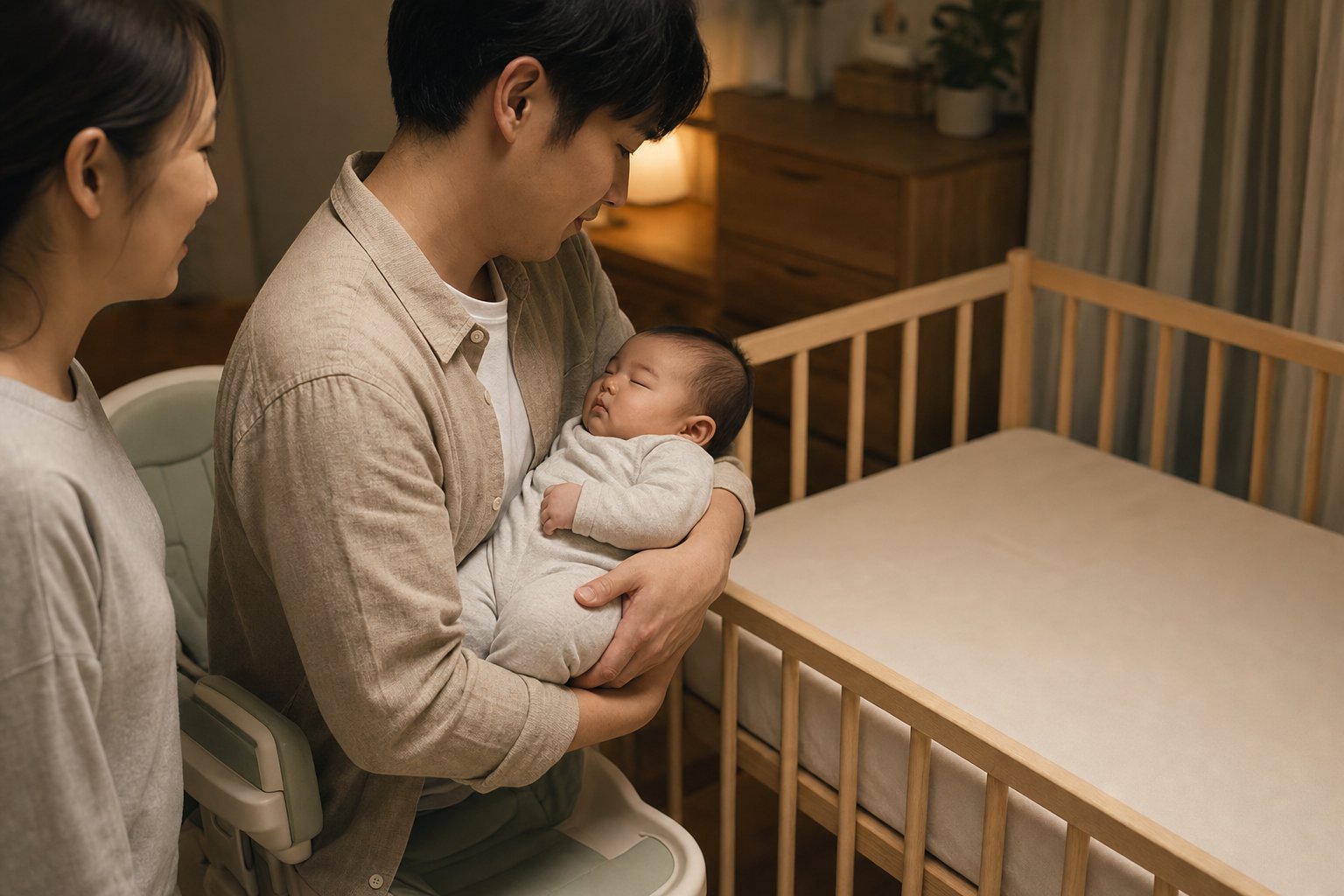 寝室で父が眠った赤ちゃんを抱き木製ベビーベッドへ移そうとし、手前にハイローチェア
