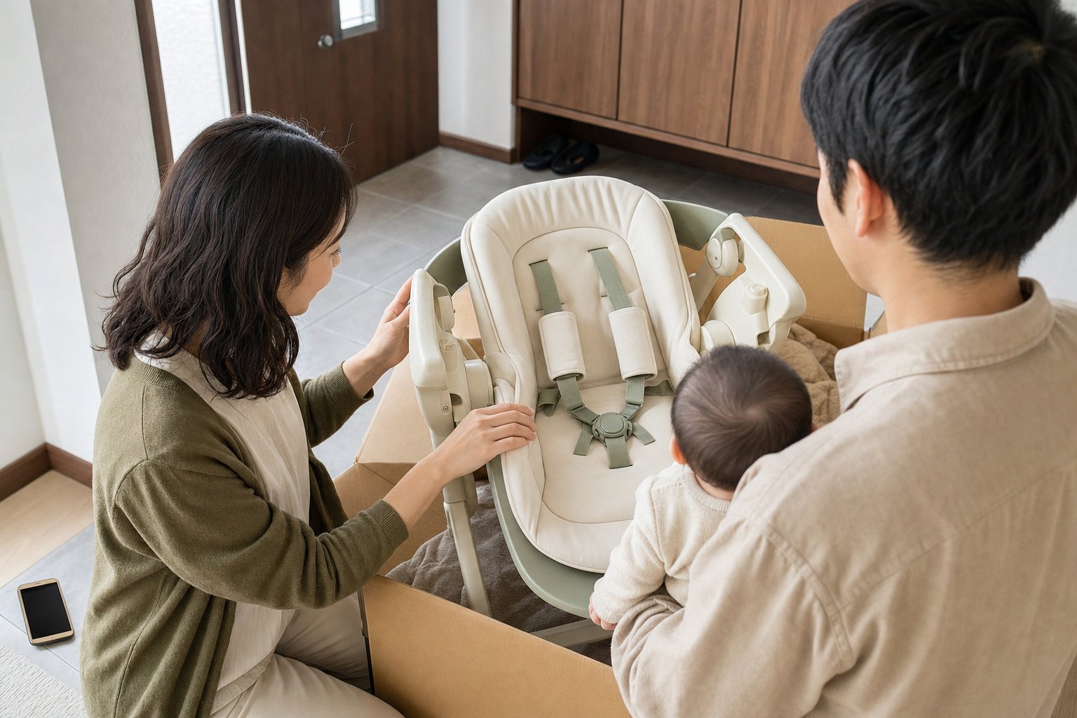 玄関先で夫婦が届いた段ボール箱からハイローチェアを開封、赤ちゃんも同席している