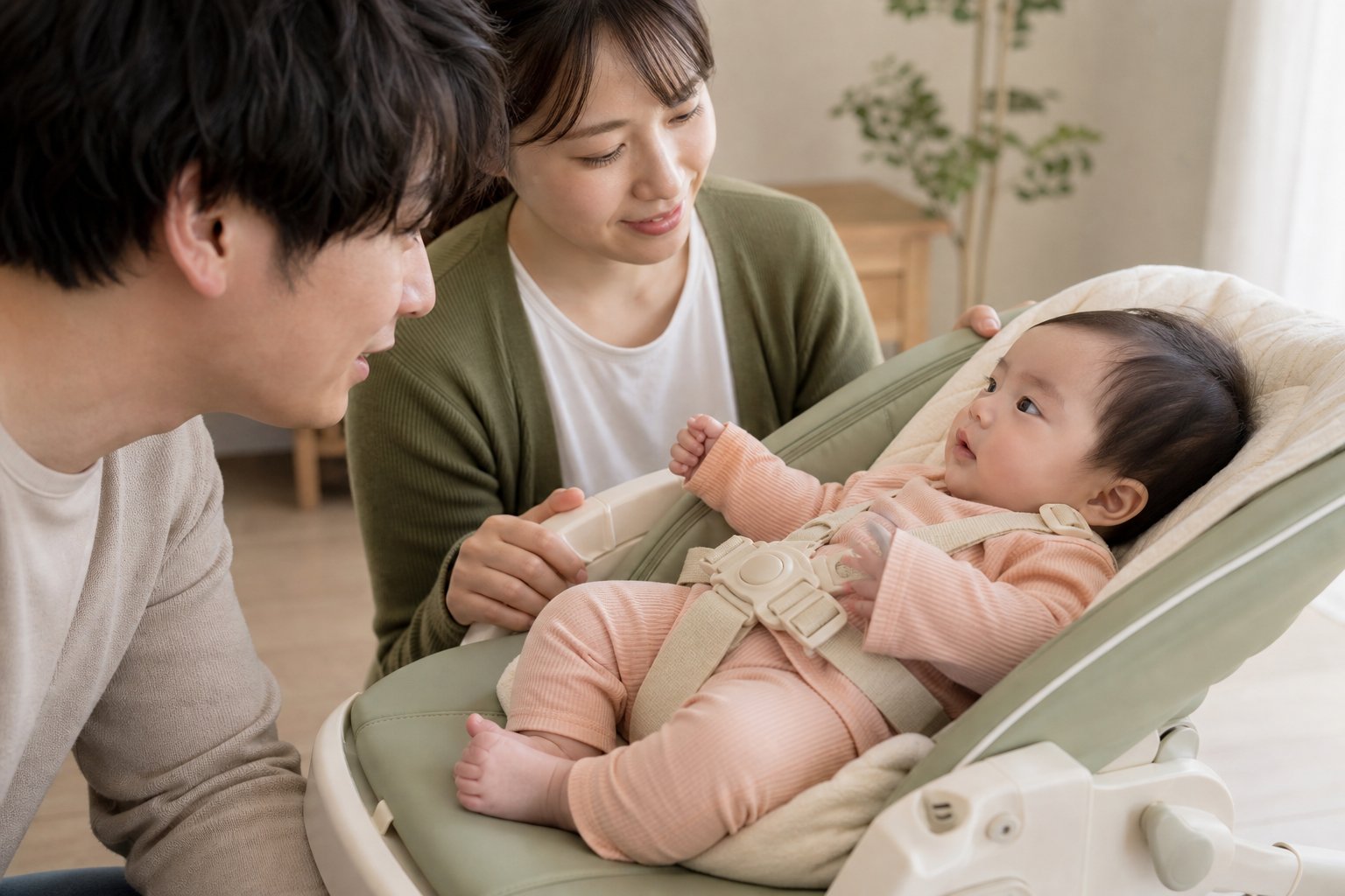 リクライニングしたハイローチェアの赤ちゃんに両親が笑顔で顔を近づけている