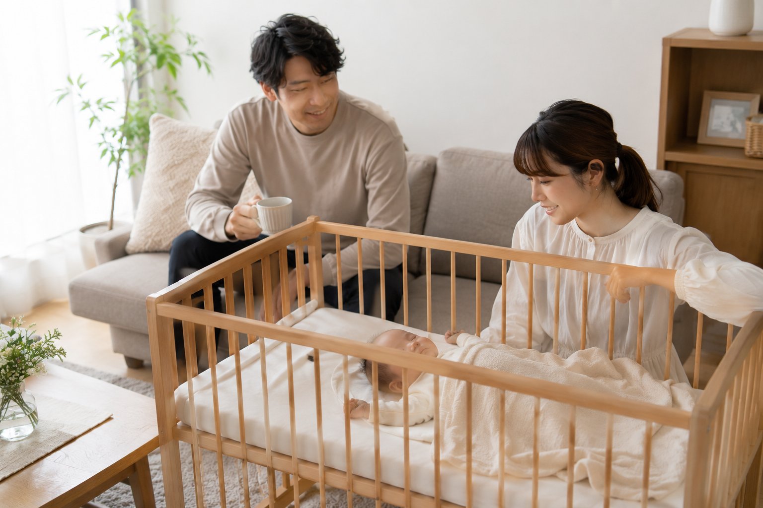リビングのソファ前でベッドに眠る赤ちゃんを両親が見守り父はコーヒーを持つ